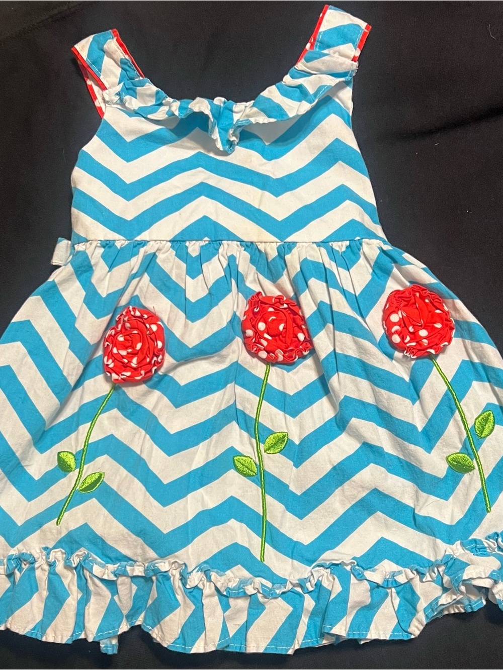 Bonnie Baby Blue & White Chevron Sundress with Red Floral Appliqués 12months
